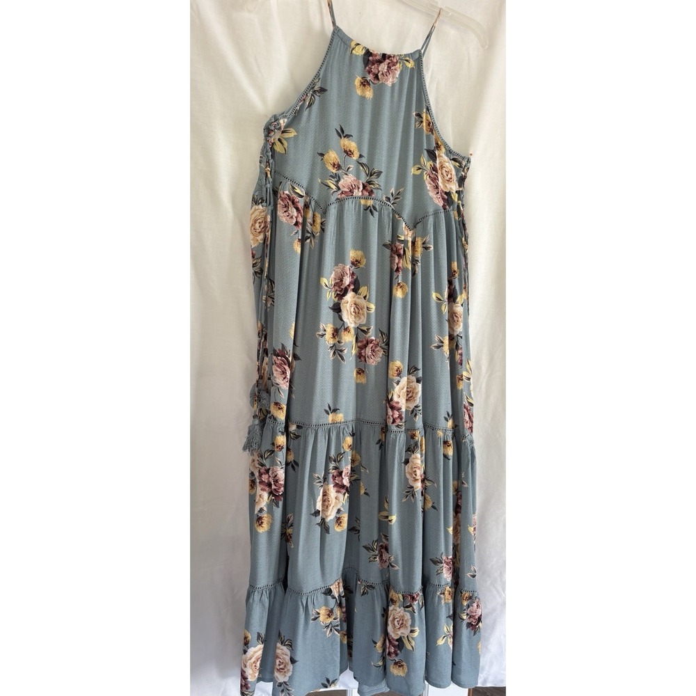Womens M Blue Multicolor Floral Halter Sleeveless Maxi Dress Rayon Chiffon